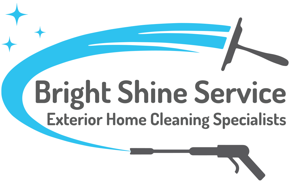 Logo of Bright Shine Service, featuring stylized text and a graphic of a pressure washer with water spray forming a swoosh, underlined by the quote confirmation tagline "Exterior Home Cleaning Specialists.
